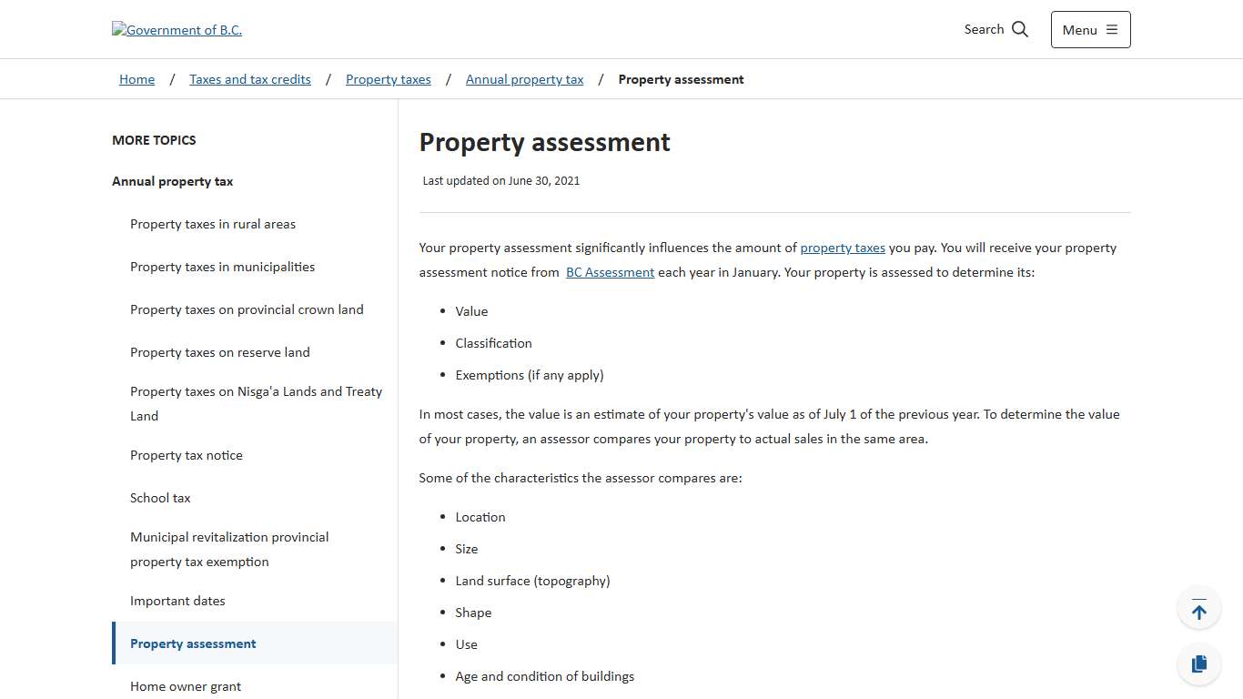Property assessment - Province of British Columbia