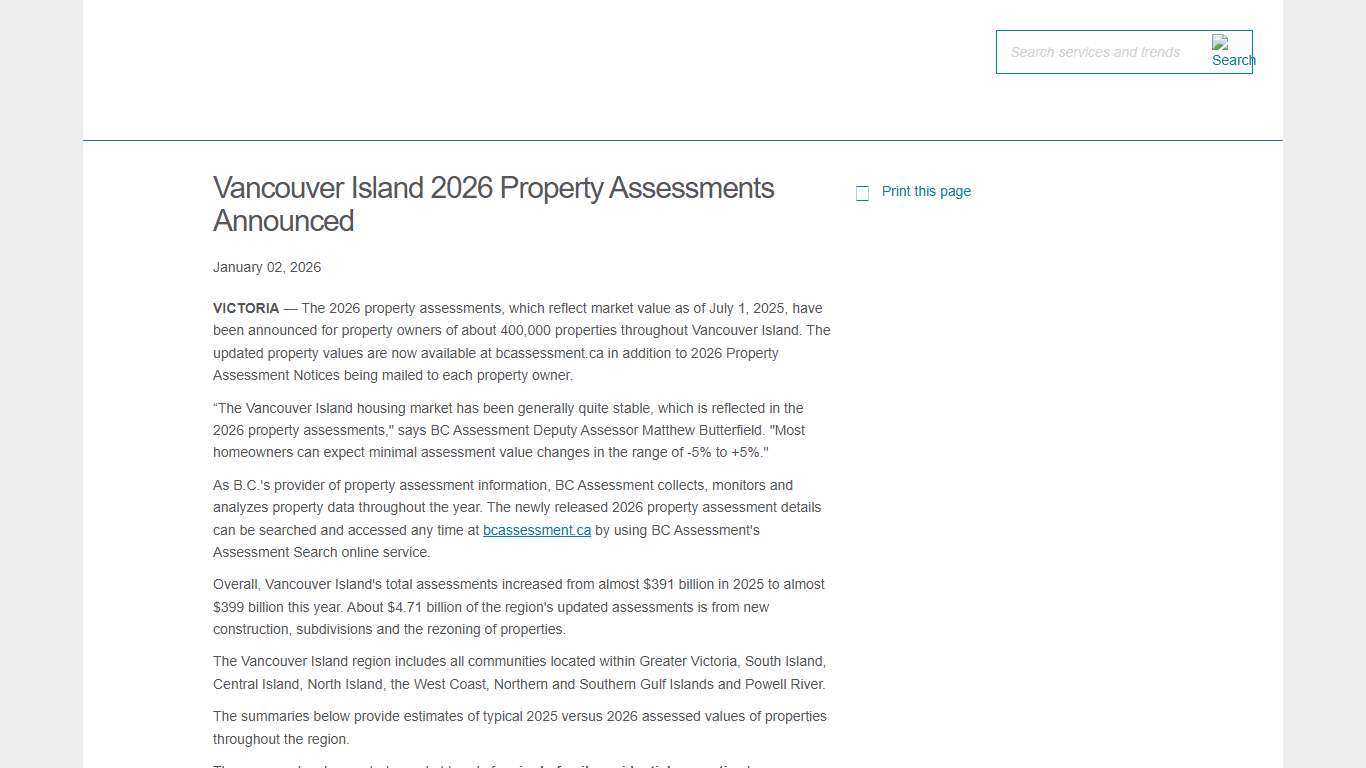 Vancouver Island 2026 Property Assessments Announced