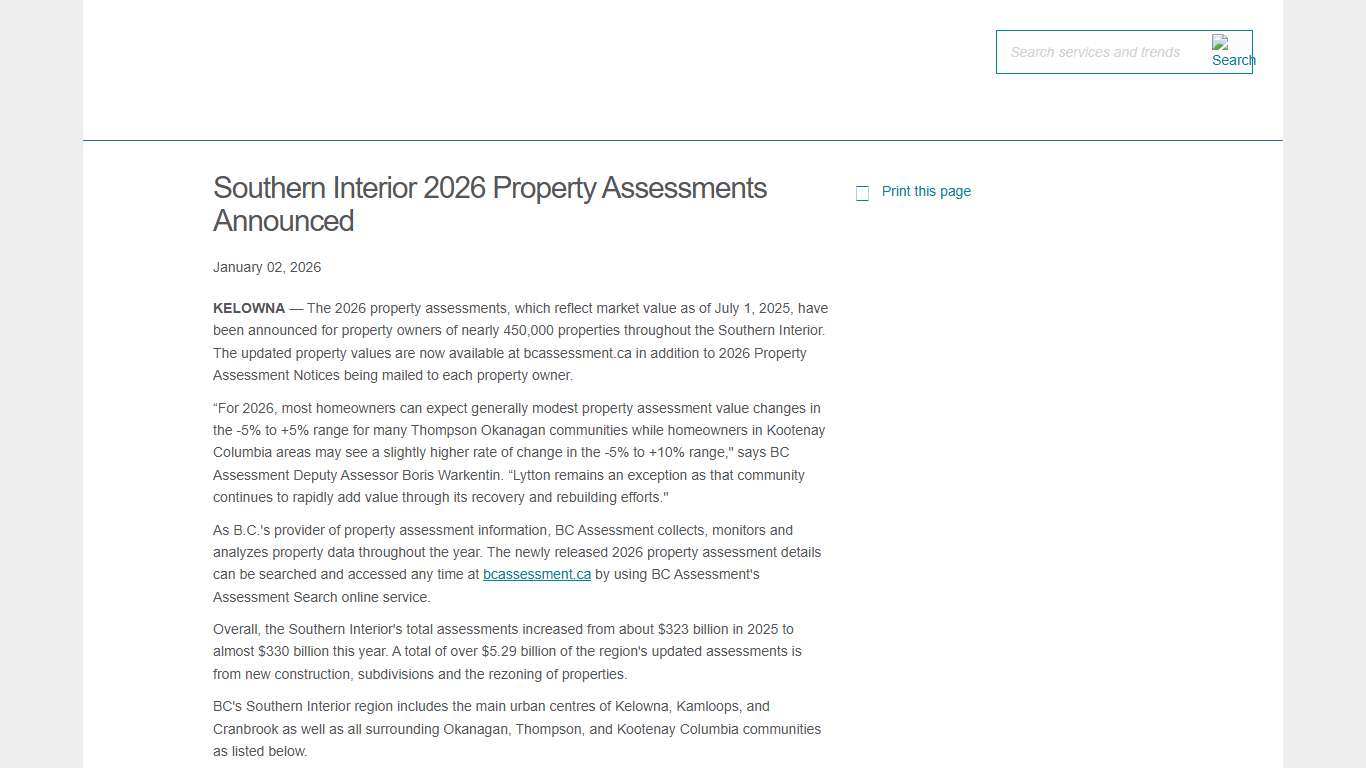 Southern Interior 2026 Property Assessments Announced